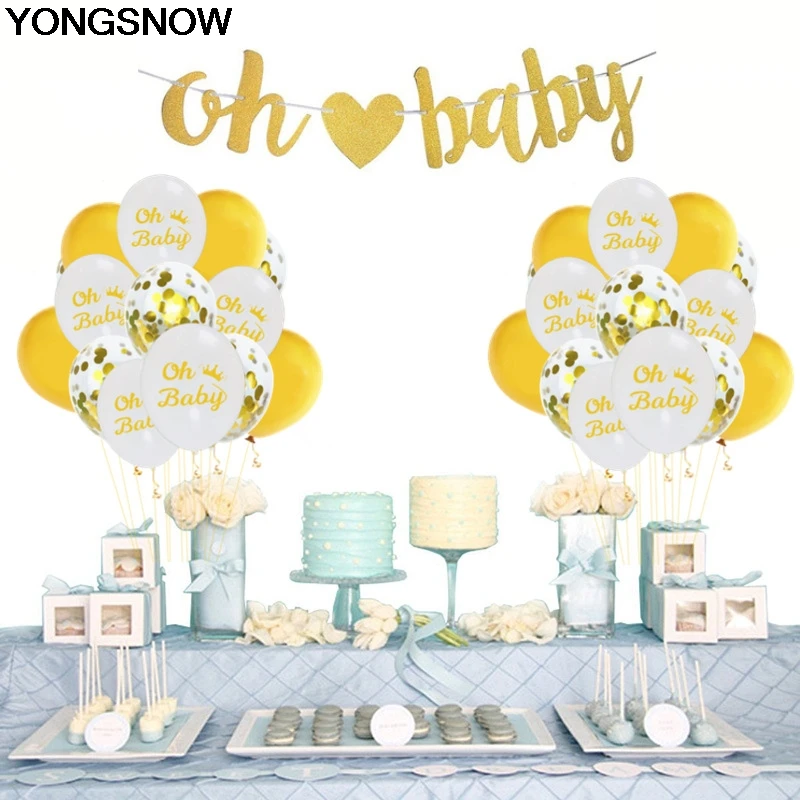 10Pcs Oh Baby Gold Confetti Latex Balloon Oh Baby Paper Garland Gender Reveal Party Bunting For Baby Shower Decoration Supplies