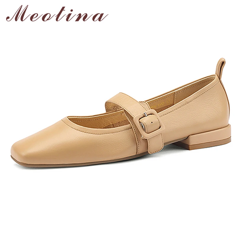 

Meotina Women Mary Janes Shoes Genuine Leather Flat Shoes Square Toe Buckle Strap Ladies Footwear Spring Wine Red 40 Cow Leather