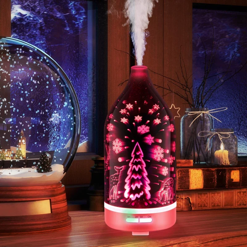 Ultrasonic Aromatherapy Oil Humidifier With Timer Setting Christmas 3D Glass Essential Oils Diffuser 7 Color Changing Nightlight