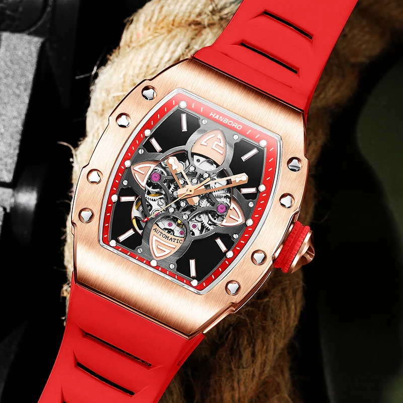 

HANBORO Brand Men Mechanical Watches Hollowed Full Automatic Square montre homme luxury Fashion MAN WATCH Luminous reloj hombre