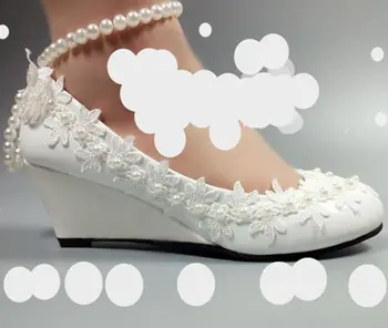 

5CM wedged heel lace-flower beading ivory pearls bridal wedding shoes ladies ankle beaded straps butterfly lace bridesmaid pump