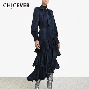 

CHICEVER Ruffle Asymmetrical Dress For Women O Neck Lantern Long Sleeve High Waist Midi Dresses Female Spring Fashion New 2020