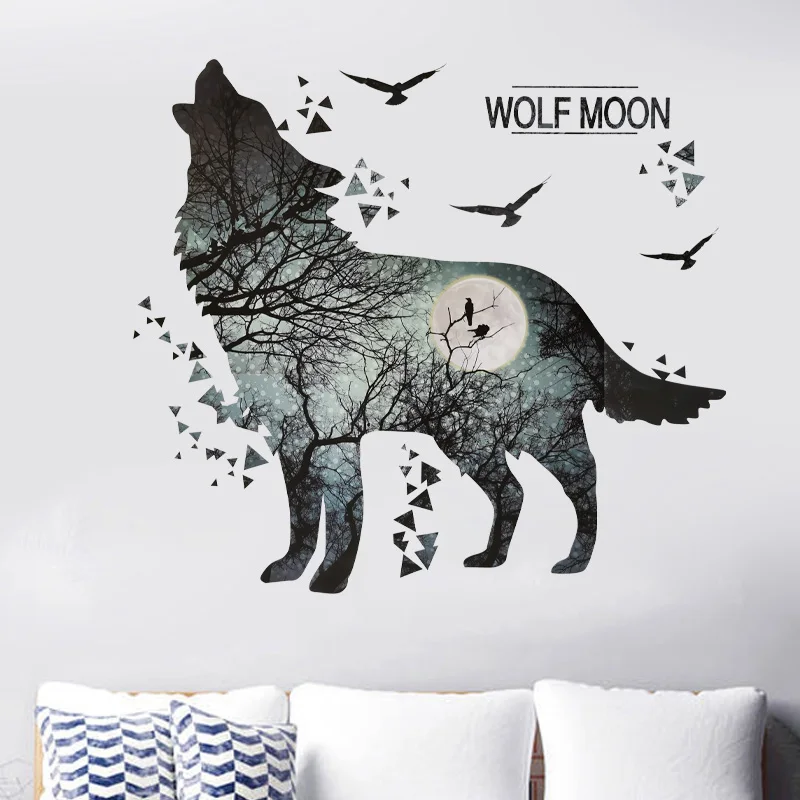 YIUHART Wolf Moon Wall Stickers DIY Animal Wall Decal for Kids Rooms Living Room Bedroom Bathroom Home Decor 