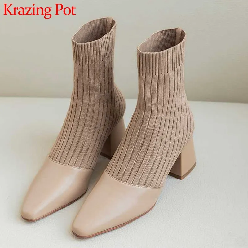 Krazing Pot/Новинка; Лоскутные вязаные носки из коровьей кожи; сапоги с круглым носком на высоком каблуке; Модные женские зимние ботильоны без застежки; L2f1