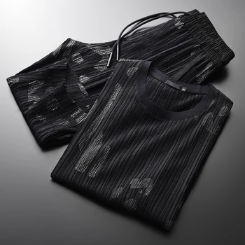 

New Summer Mens Sets (t-shirts+pants) Luxury Printed Short Sleeve Man Sets Plus Size 4xl Wrinkles Fashion Slim Fit Men Sets