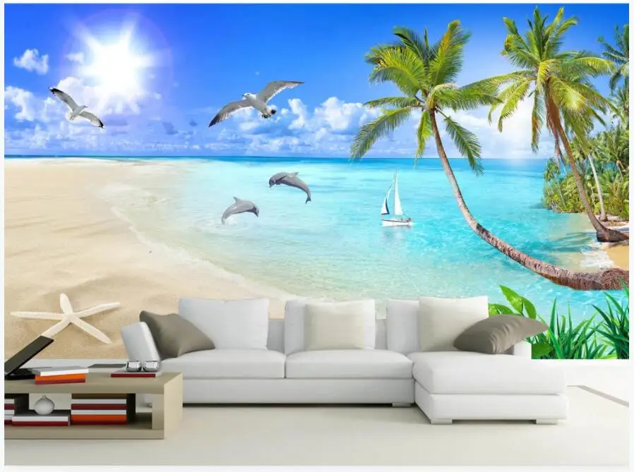 

custom photo 3d wallpaper Beautiful beach dolphin coconut landscape room home decor 3d wall murals wallpaper for walls 3 d