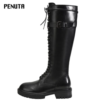

Genuine Leather Knee High Boots Black Square Heel Winter Women Boots Lace Up Plush Shoes Chunky Motorcycle Boots Designer L001