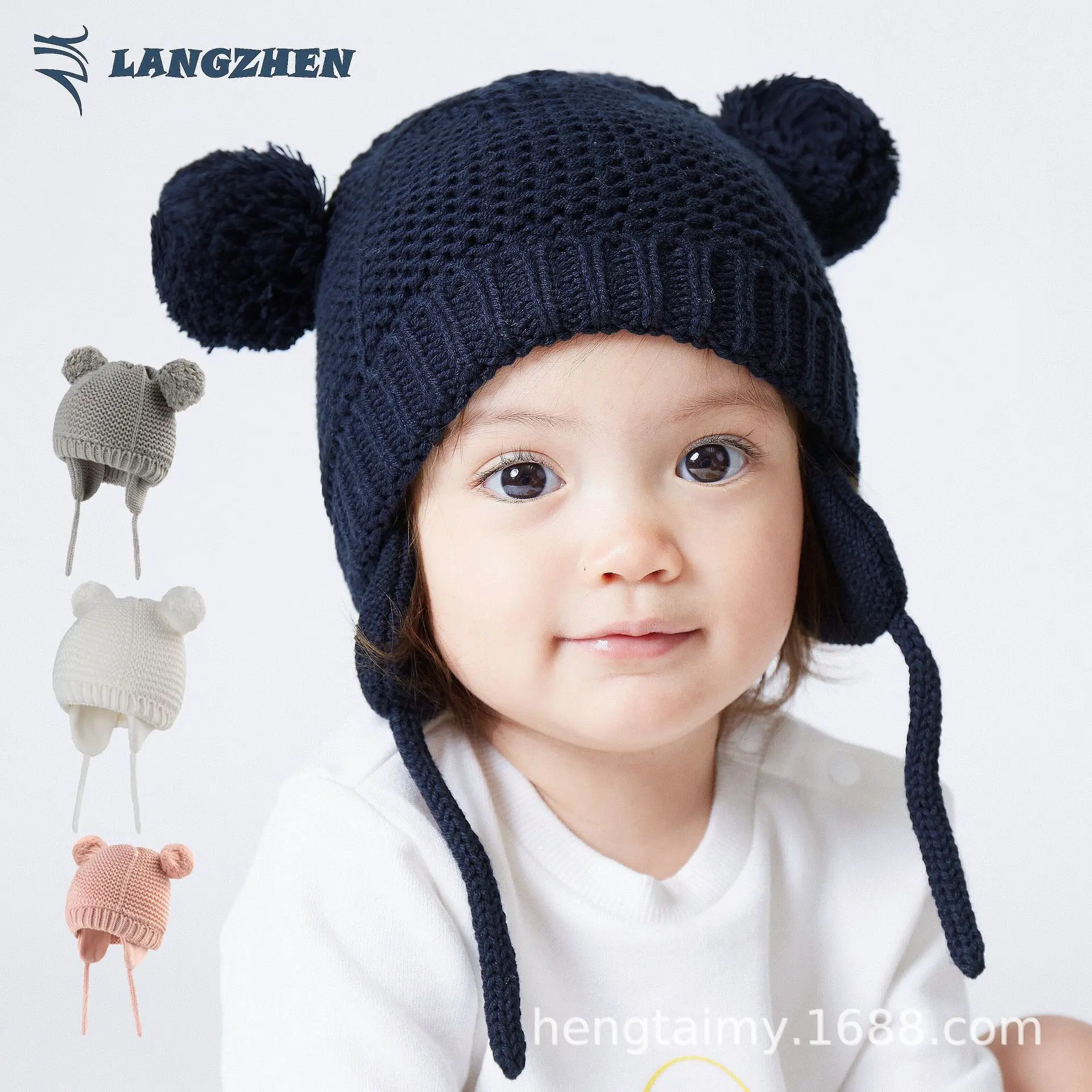 

Cute Winter Ear Warm Kids Girls Boys Baby Hats Knitted Wool Hemming Caps With Ball
