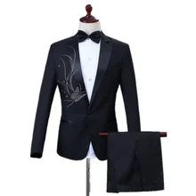 Для мужчин деловой костюм вечерние для банкета, свадьбы, костюм комплект из 2 предметов в форме бабочки бриллиантовым тонкий комплект из черного костюма(куртка+ штаны