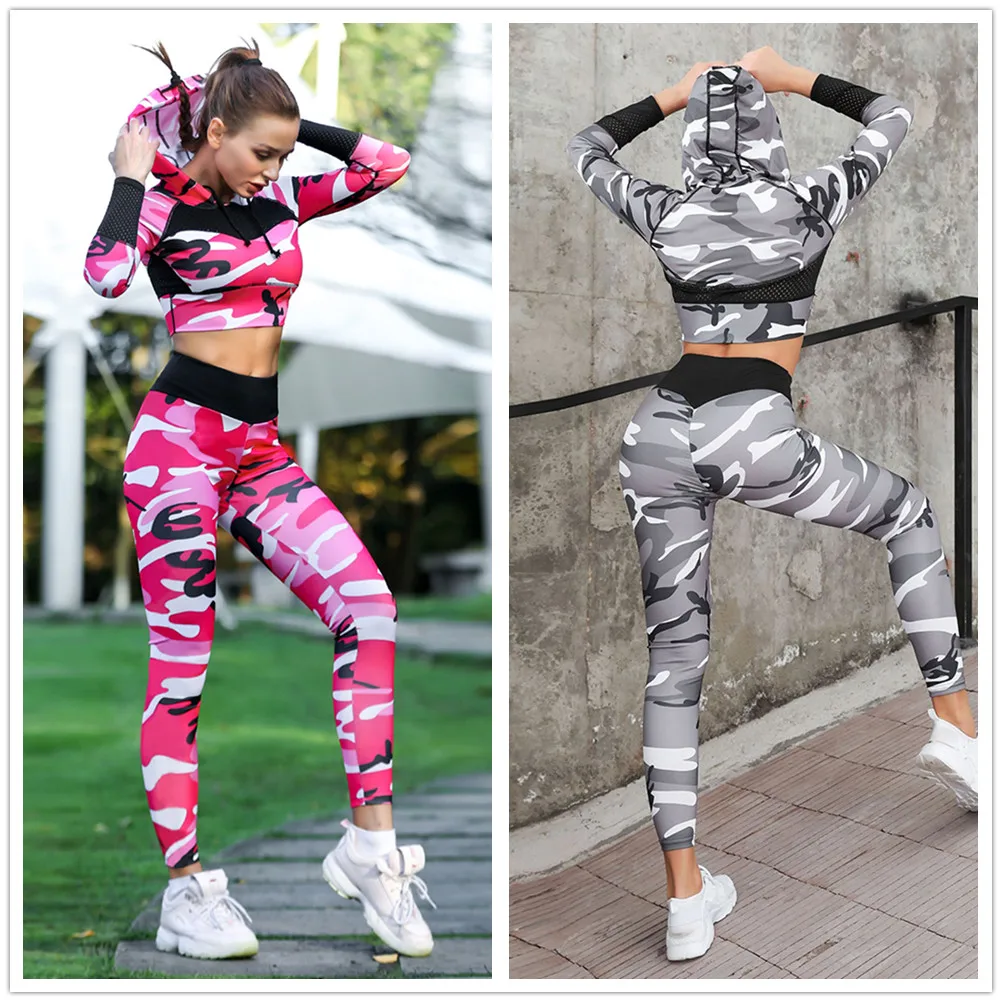 

Camouflage Print Hooded Sports Clothes High Waist Pants Suit Stretchy Camo Yoga Set Workout Slim Gym Wear Women 2 Piece Sets