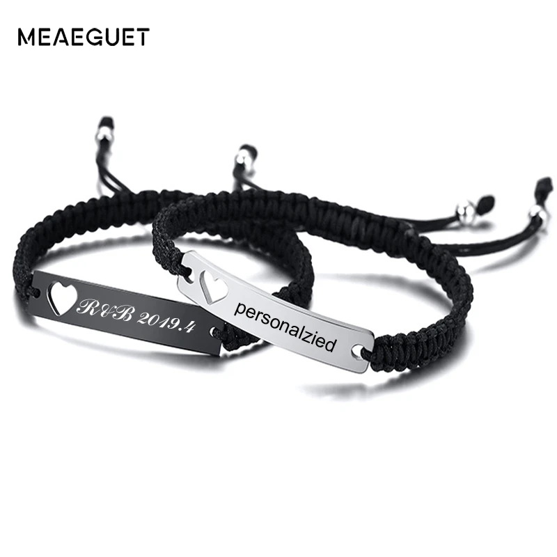 

Personalized Couples Rope Bracelet For Women Men Name Coordinate Engraved Heart Wristbands Love Gifts