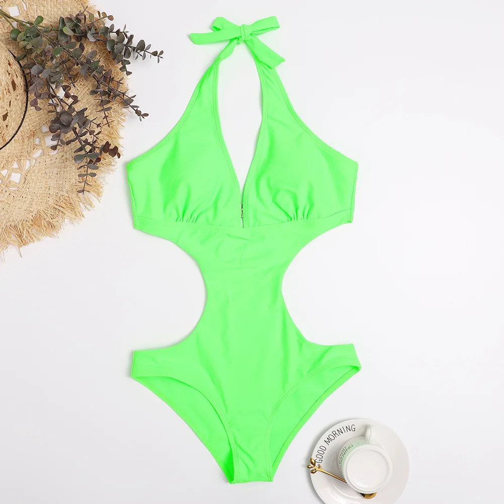 Sexy Cut Out Trikini Swimsuit for Women 2023 New Solid Deep V Halter Backless One Piece Swimwear Monokini Women\'s Bathing Suit