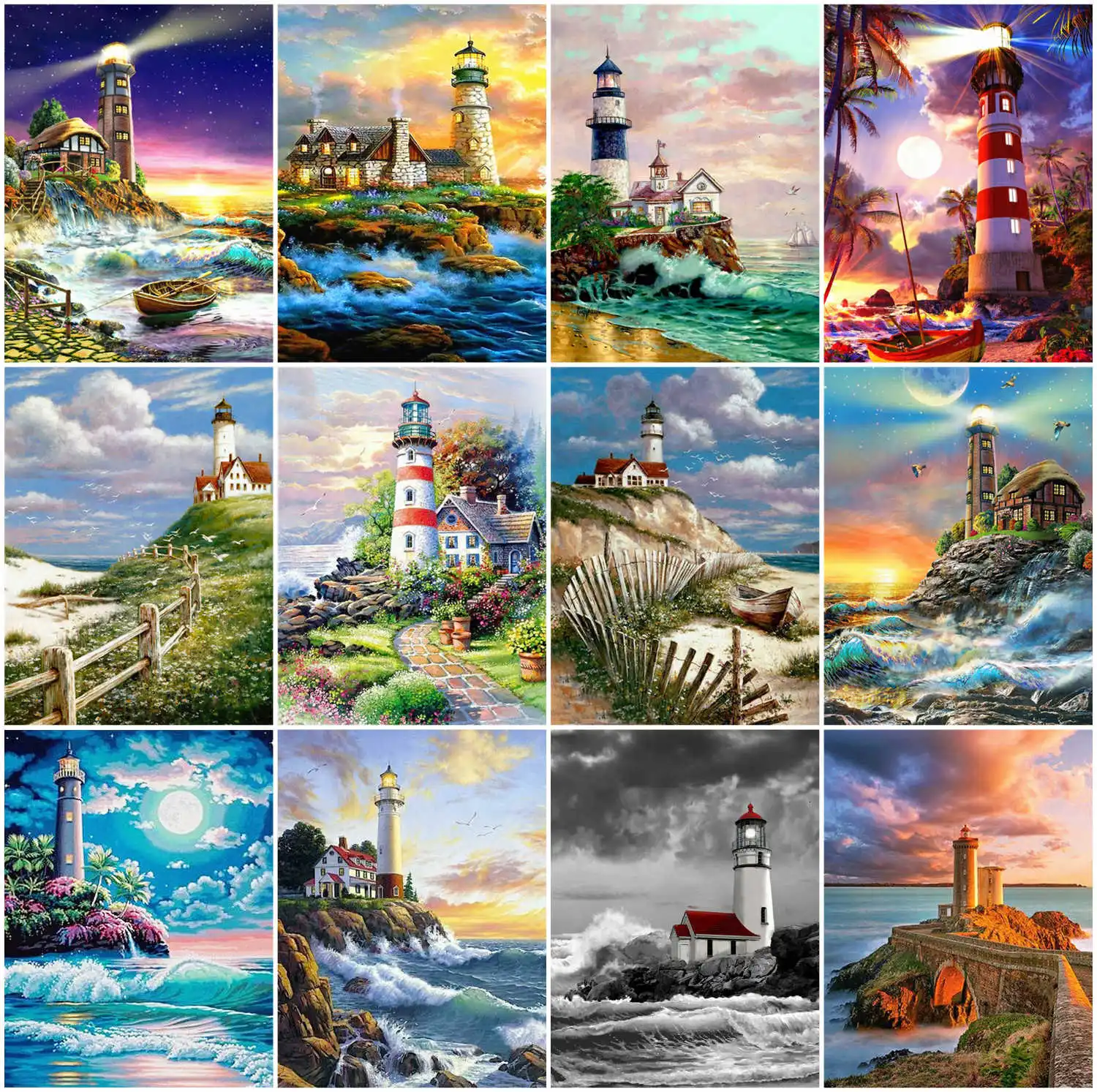 

Huacan 5D DIY Diamond Painting Full Square Lighthouse Diamond Embroidery Mosaic Landscape Seaside Decorations Home