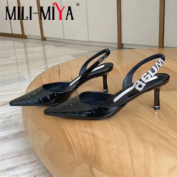 

MILI-MIYA Sexy Thin Heels Women Cow Leather Sandals Slip-On Pointed Toe Solid Color Dress Office&Career Shoes For Ladies