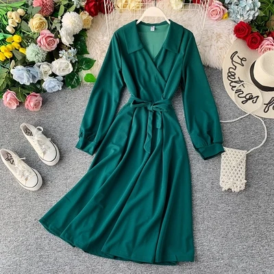 New Korean version Spring Summer Women Dress Solid Color Temperament Large Size elegant Dress Female cc1631 - Цвет: Photo Color