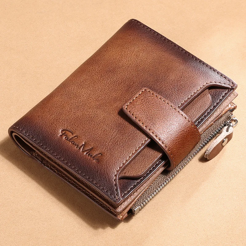 

100% Genuine Leather Anti RFID Short Wallet Men Card Holder Retro Purse for Male Luxury Design Zipper Coin Pocket Wallet