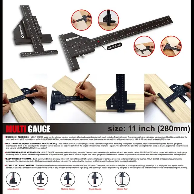 High-precision T Type Woodworking Multifunction Ruler Scriber Measuring