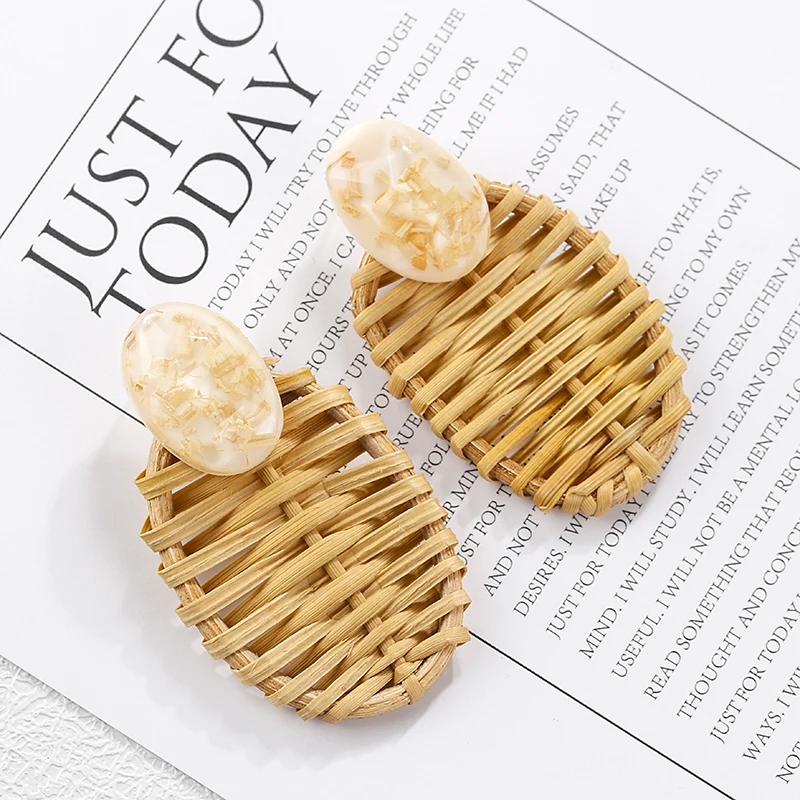 Lifefontier Bohemia Handmade Wooden Drop Earrings Straw Weave Rattan Vine Braid Round Shell Flower Earrings Geometric Jewelry