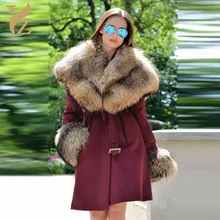 New Nature Raccoon Fur Collar Overcoat Women Winter Outerwear Long Woolen Coat Fashion Female Jacket Real Fur Hooded Coat