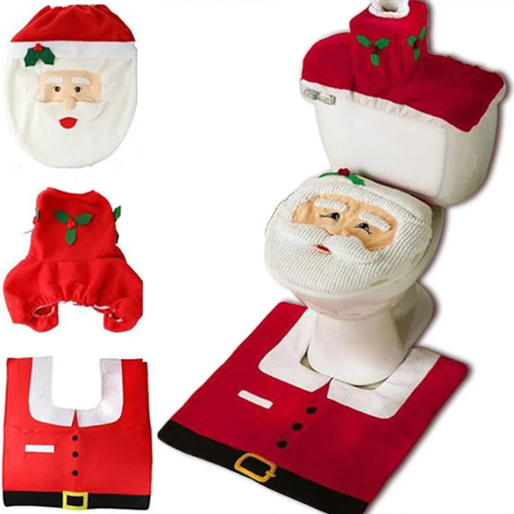 

3PCS Christmas Toilet Seat Cover and Rug Set Bathroom Decorative Fancy Santa Toilet Seat cotton cloth Cover Rug Home Decoration