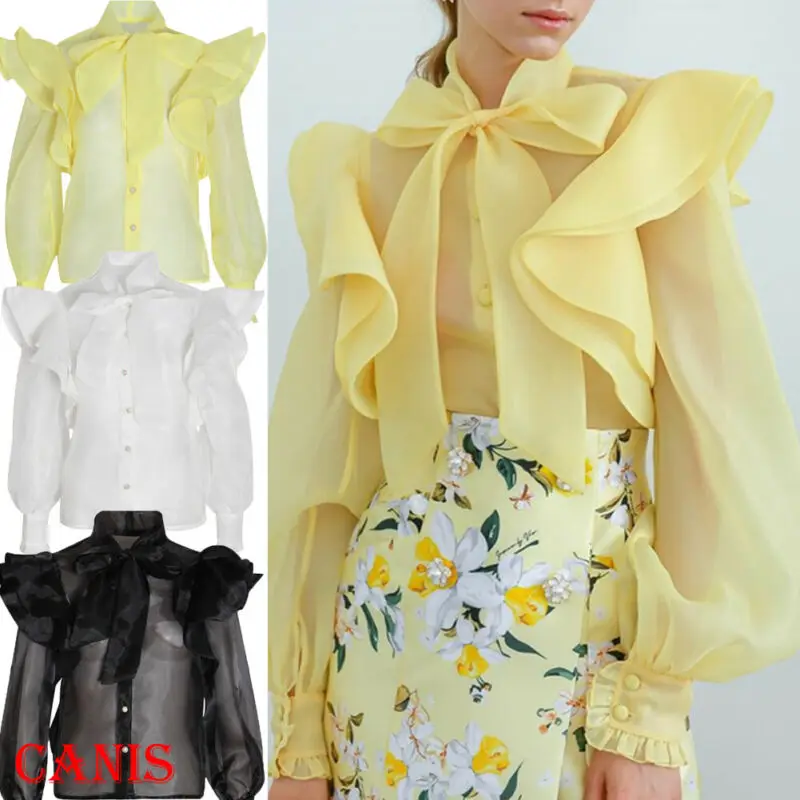 

New Fashion Women's Bowknot Blouse Ruffle Mesh See Through Long Puff Sleeve Casual Tops Button Fashion Shirt
