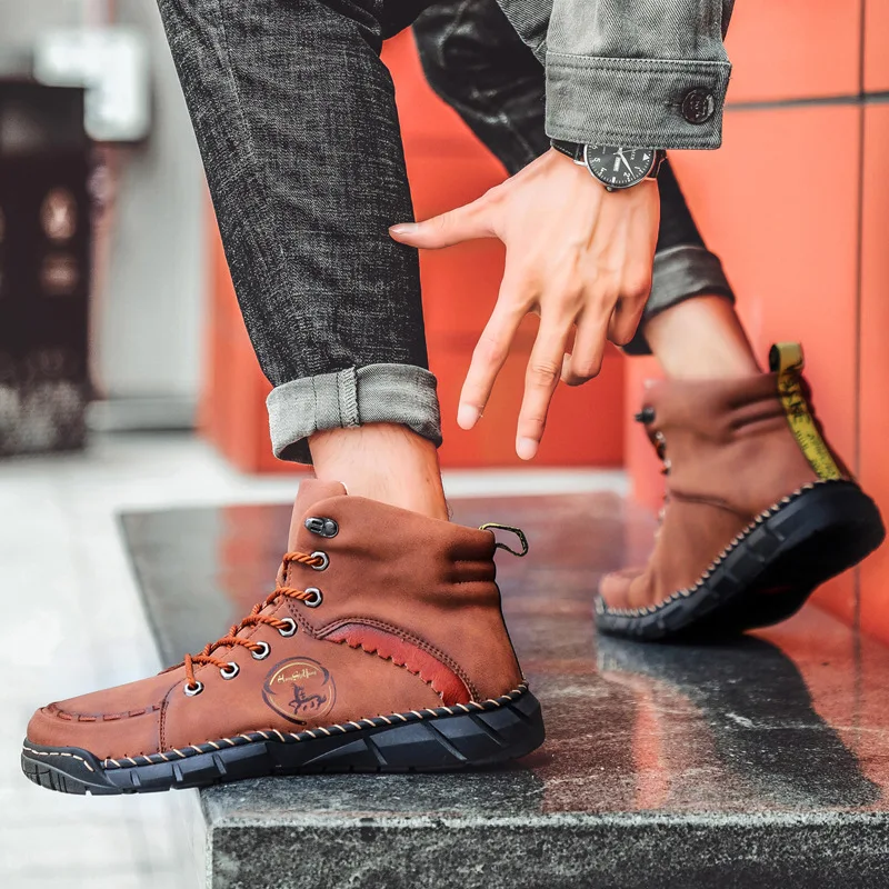 Classic Mens Ankle Boots Handmade Leather Mens Winter Boots Soft Comfortable Mens Motorcycle Boots Zapatillas Hombre 38-50