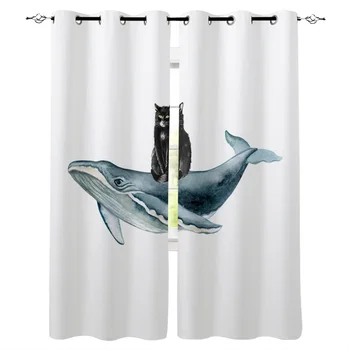

Animal Whale Cat White Curtains for Windows Drapes Blinds Modern Custom Printing Curtain For Living Room Bedroom Home Decor
