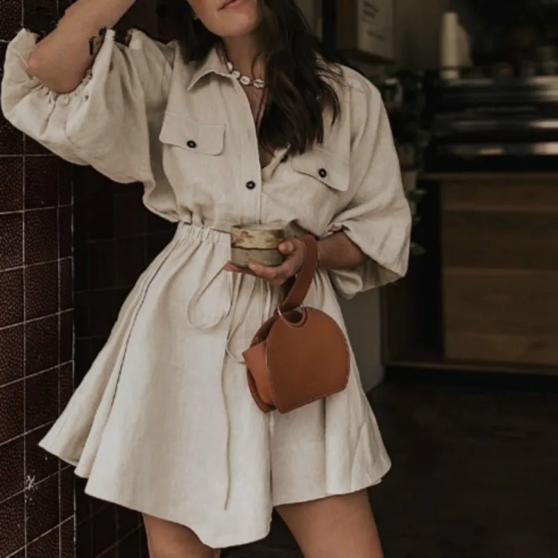 

New Shirt Dress Woman 2019 Autumn And Spring Fashion Dress Casual Lantern Sleeve Buttons Sashes Women's Loose Linen A Dresses