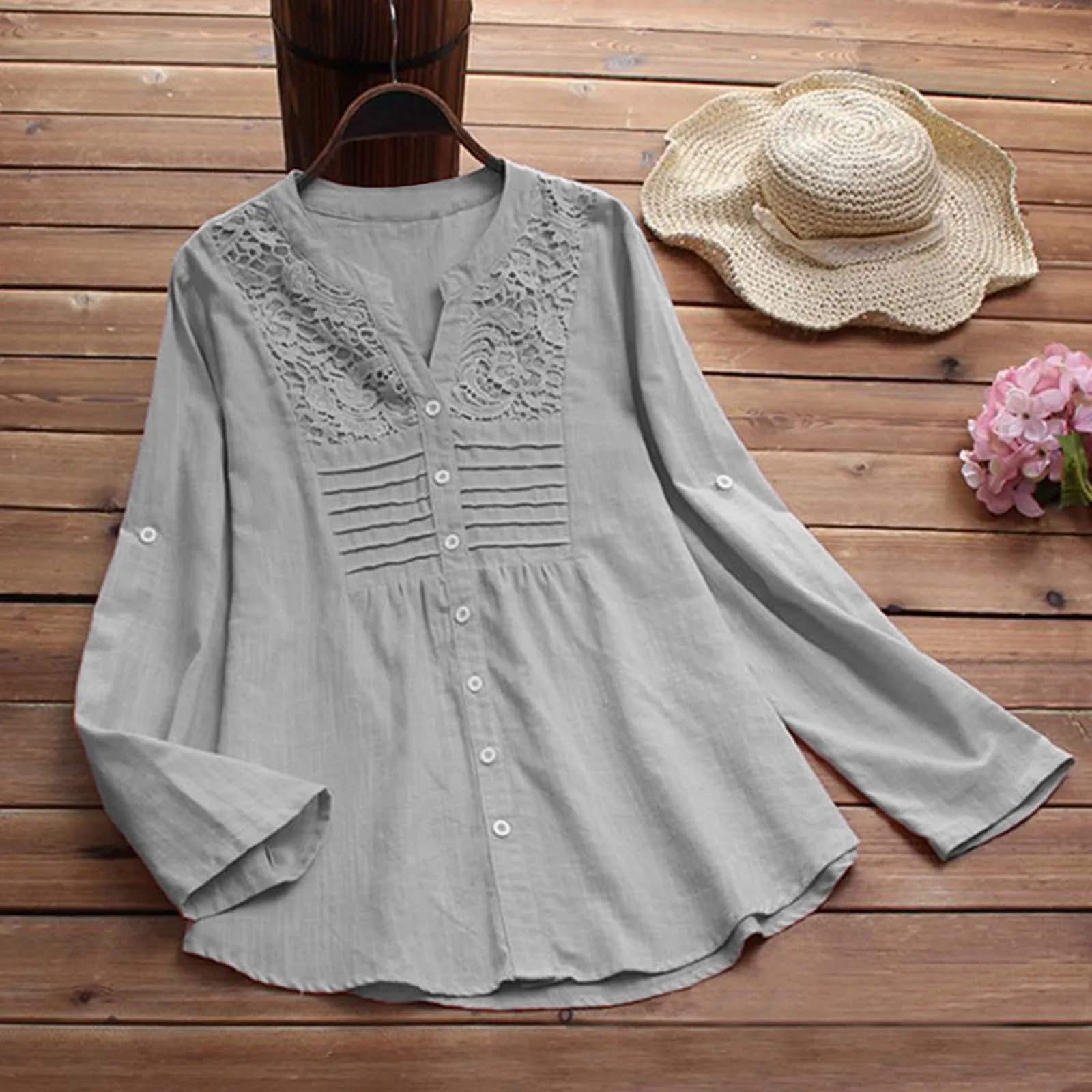 Women Casual Embroidery Long Sleeve Blouse Shirts Ladies Solid Color V-neck Button Loose Shirt Tops Women Vintage Shirts #3 1