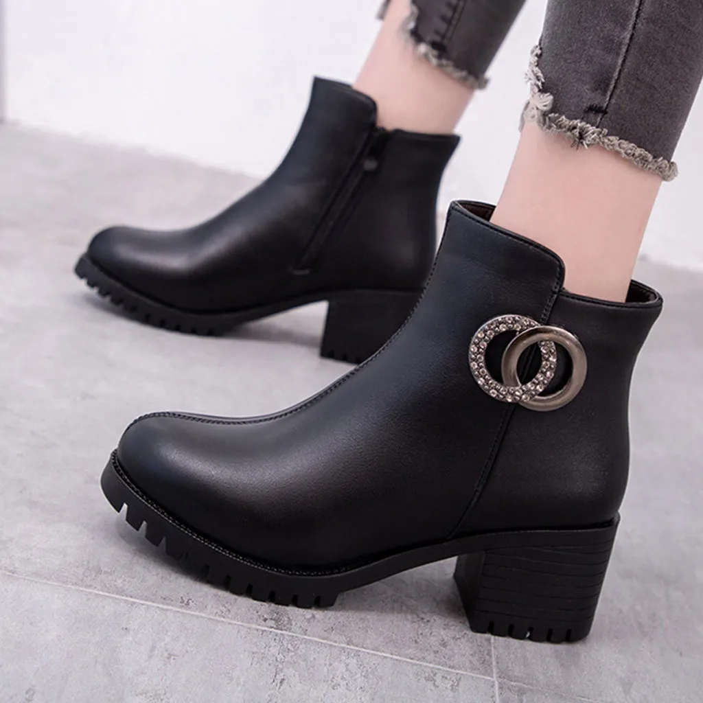 Women's Fashion Ankle Boots Woman Platforms Winter Leather Boot Square Heels Shoes Female Ladies Round Toe Zipper Shoes Footwear