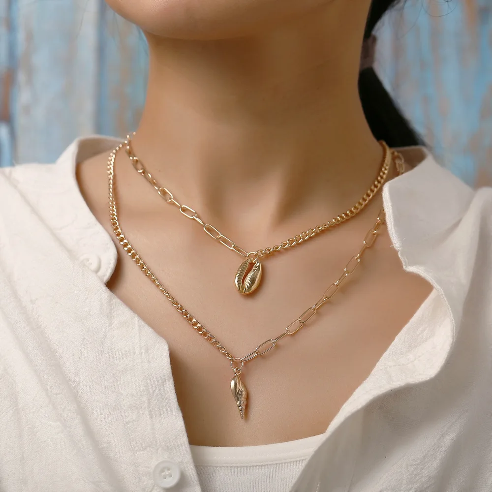 

CC fashion shell conch pendant Double layer Necklace with metal gold color for women 2019 bohemia necklace jewelry wholesale