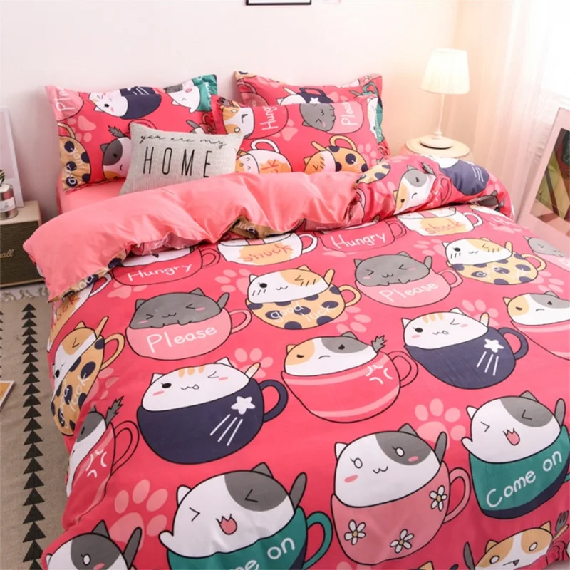 

Youthful Style Home Textile Teacup Cat Bedding Set Double Sheet Luxury Queen King Size Bed Linens Duvet Cover Sheet Pillow Case