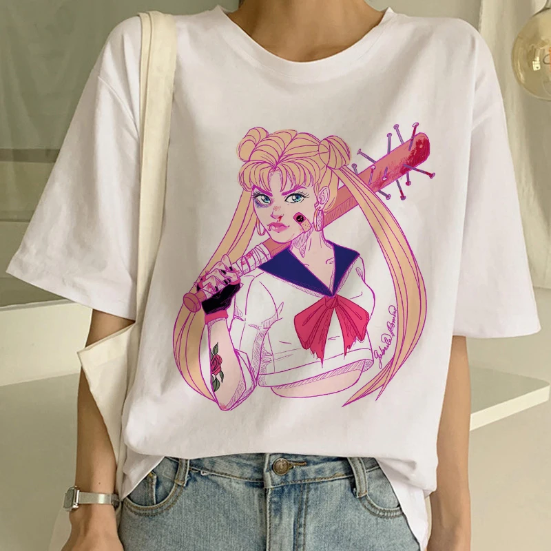 Showtly Sailor Moon Girl power Женская Футболка Harajuku Fight Like A Girl с коротким рукавом забавные Kawaii Белые Повседневные футболки топы