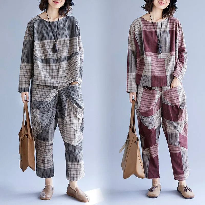 

2020 Spring Loose-Fit Cover Meat Western Style Plaid Harem Pants Cotton Linen Set Long Sleeve Two-Piece Set