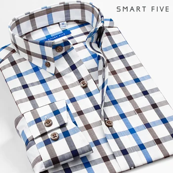 

Smartfive Simple Business Shirt Plaid Buckle Collar Slim Fit Pure Cotton American Style Leisure Men Shirt Chao