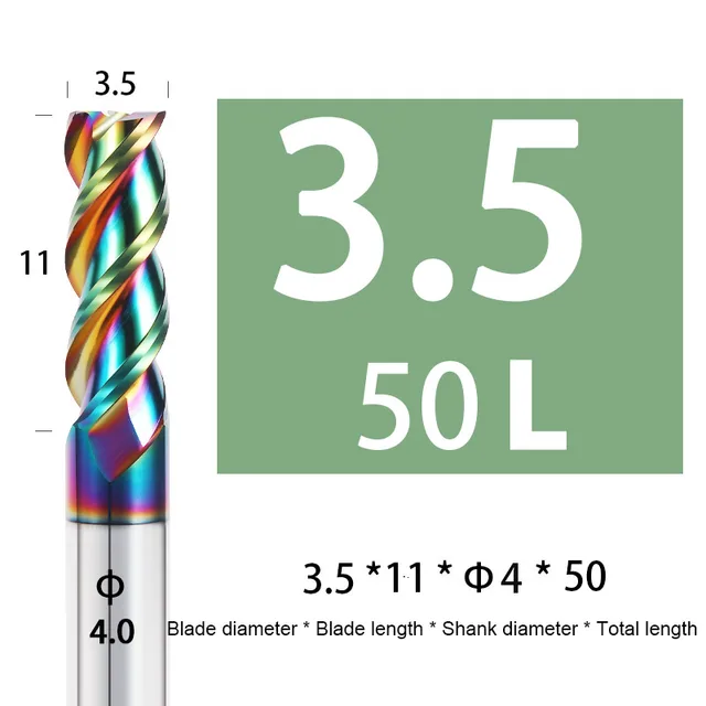 Colorful End Mill Aluminium HRC55 3F Milling Cutter Acrylic Wood Copper Plastic Cutting Tool CNC Maching Milling Tools Endmils 3.5X11XD4X50L