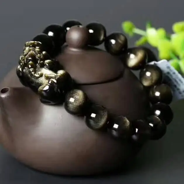 

Natural ashion Natural Gold Obsidian PiXiu Dragon Beads Powerful Bracelet