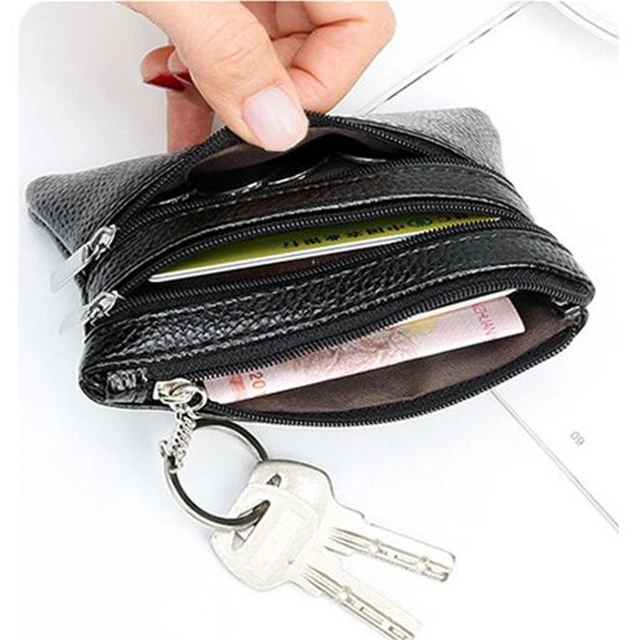 Soft Genuine Leather Coin Pouch for Men Womens Dual Rings Zipper Change  Purse US