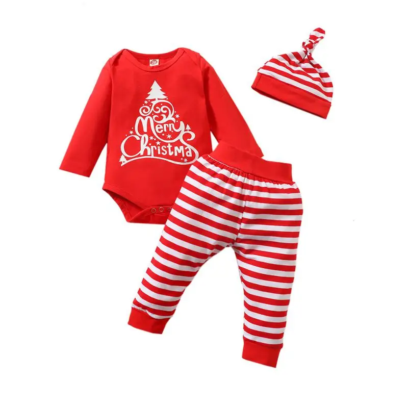 

2020 Christmas Baby Kids Girls Boys Clothes Suit Tops Rompers+Striped Pants+Hat 3PCS Children Cotton Clothing Out fit Set 0-18M