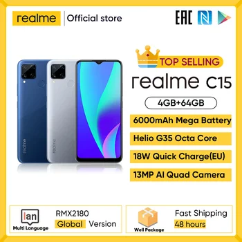 Перейти на Алиэкспресс и купить Realme C15 глобальная версия смартфон 4 Гб Оперативная память 64 Гб Встроенная память 6000 мА/ч, большая Батарея Quick Charge мобильный телефон 6,5 дюймов ...