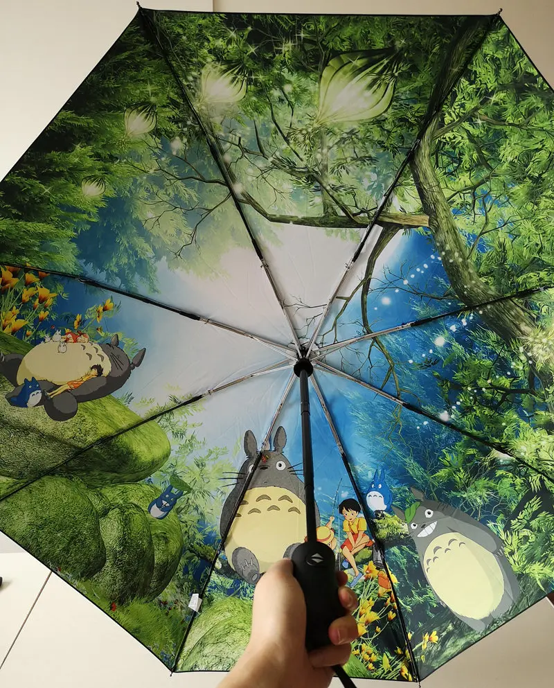 Ghibli Тоторо автоматический 3 складной зонт от дождя для Для женщин ветрозащитный с героями аниме «Мой сосед Тоторо» автоматический Солнечный зонт отличный подарок