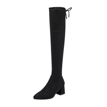 

2020 Sexy Elastic Flock Slim Fit Over The Knee Boots Women shoes lace up thigh Pointed toe ladies High heel Thigh High botas
