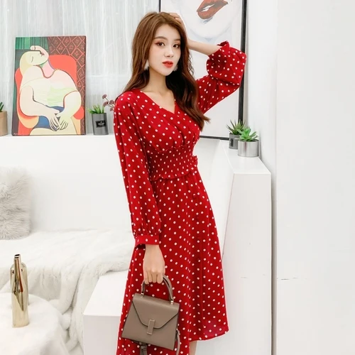 

Fashion New Loose 2019 Casual Dresses Brief A-line V Neck Mid-calf Summer Dress Dot Korean Vintage Women Dresses