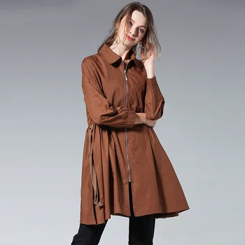 

LANMREM 2020 Spring New Fashion Loose High Waist Turn Down Collar Full Sleeve Zippers Decoration Dust Coat Women UA36101