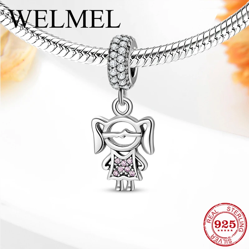 High Quality 925 Sterling Silver Pink CZ Cute Girl Charms Pendant Beads Jewelry making Fit Original Pandora Charm Bracelet