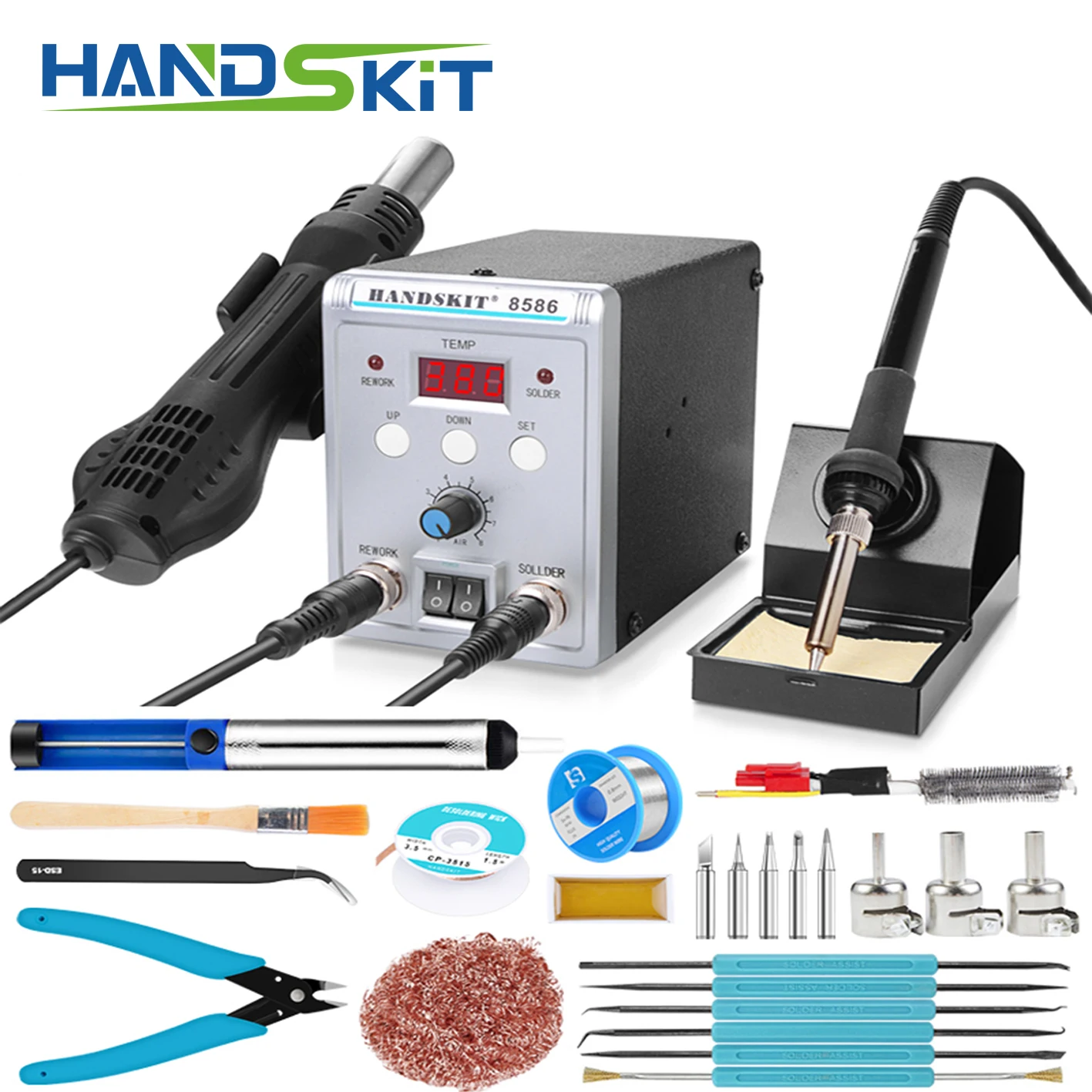Паяльная станция Handskit 750 Вт 8586 2 в 1 с цифровым термофеном ESD паяльная SMD