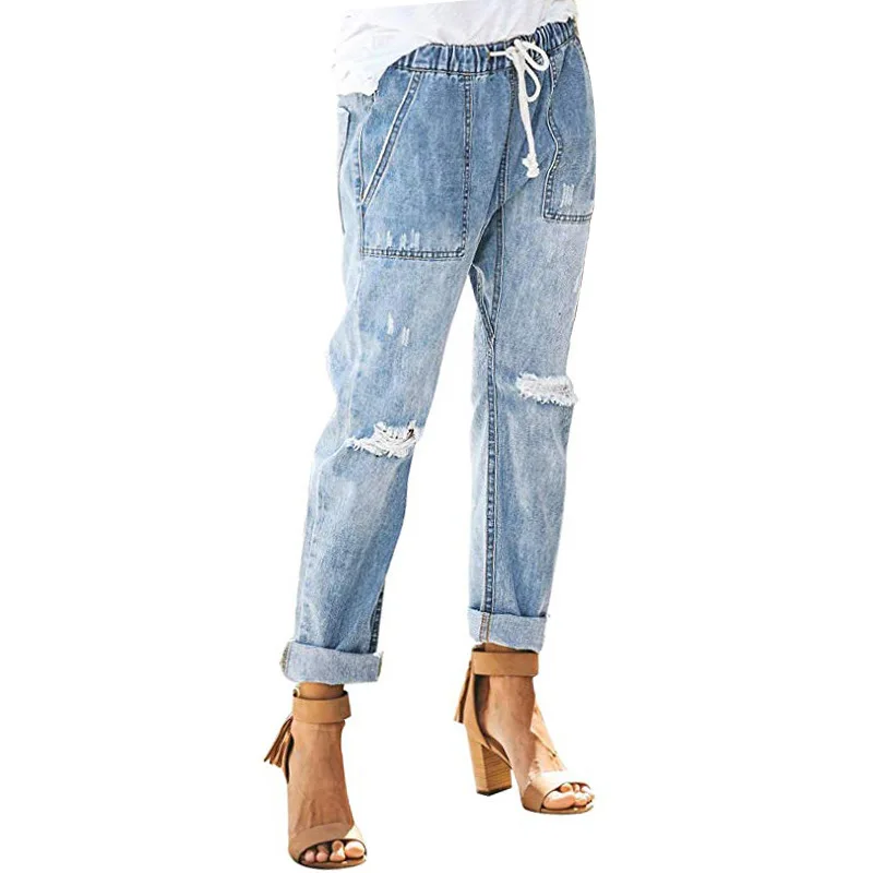 Хит, модные женские рваные джинсы с дырками, Джинсы бойфренда, прямые брюки, синие, черные