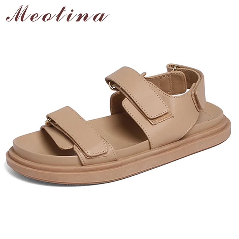 Best Meotina Sandals Shoes Women Flat Platform Low Heel Sandals Square Toe Split Leather Shoes Flat Ladies Footwear Summer Fashion