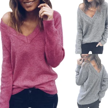 

Long Sleeve Basic Knitted Sweater Top Pullover 2019 New Autumn Winter Sexy V Neck Casual Fashion Solid Kint Sweatshirt Tee Shirt