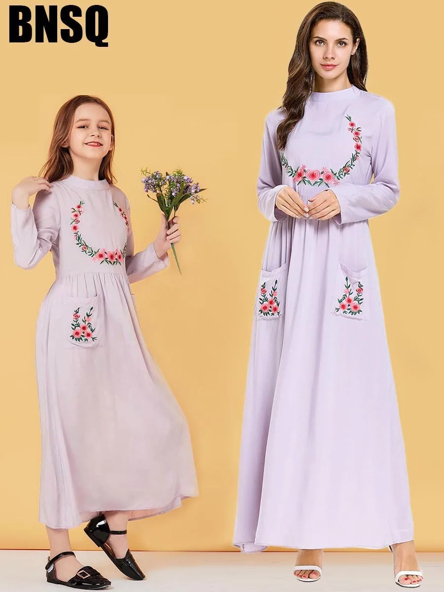 Мусульманское Платье макси с вышивкой Детская одежда карманами Одинаковые